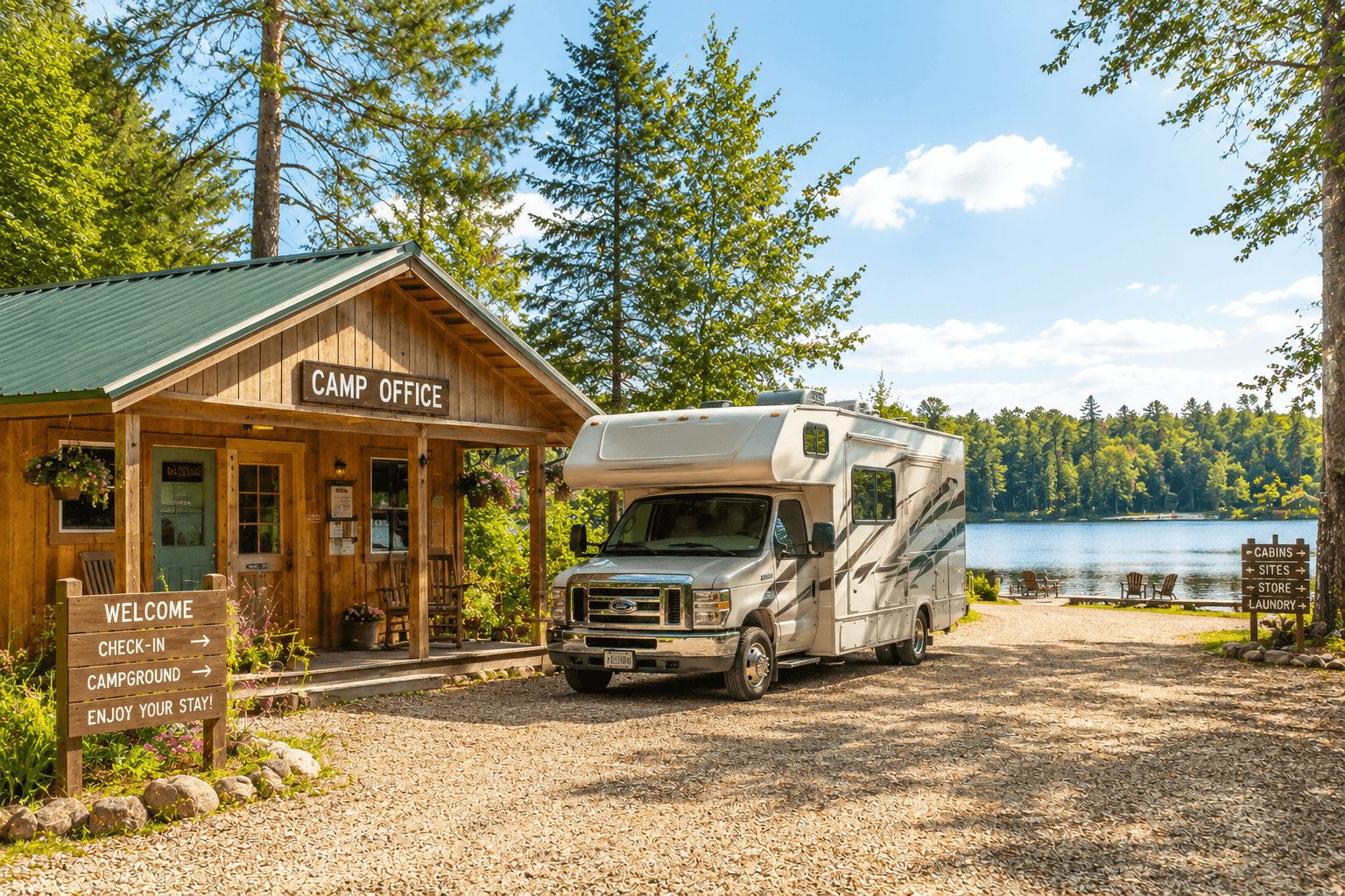 White RV parked at a camp office beside a lake, surrounded by pine trees